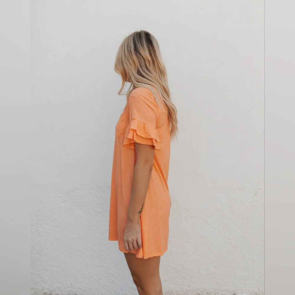 🧡☀️NWT New In "Sunny☀️Dress" Orange🧡 Ruffle Sleeves • Pocket on Chest • Large - Picture 2 of 11